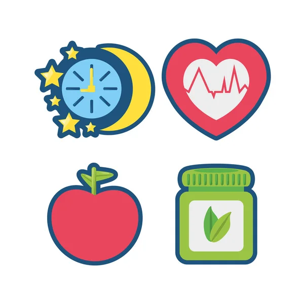 Fruit, chronometer, gezonde pillen en heartbeat pictogrammen — Stockvector