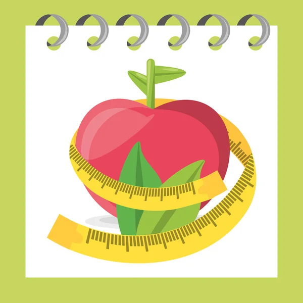 Вкусное здоровое яблоко с листьями и измерения — стоковый вектор