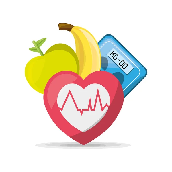 Fruits, heartbeat and weighing mashine — Stock Vector