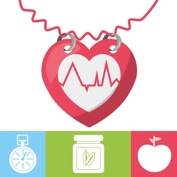 Heartbeat with chronometer, natural pills and apple — Stock Vector
