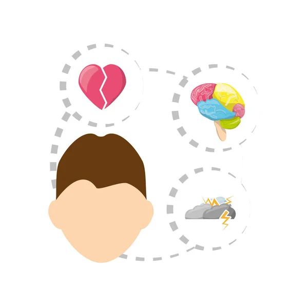 Man with heart, brain, cloud thunder icons around — Stock Vector