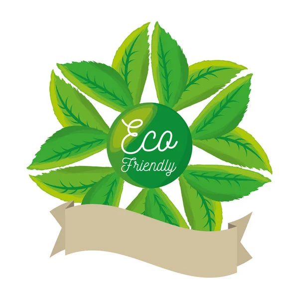 Οικολογία ετικέτα με τα πράσινα φύλλα — Διανυσματικό Αρχείο