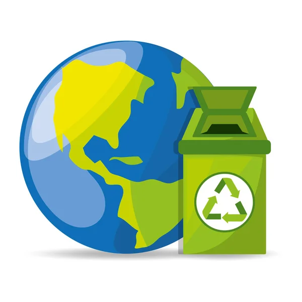 Bote de basura con símbolo de reciclaje para la conservación del planeta — Vector de stock