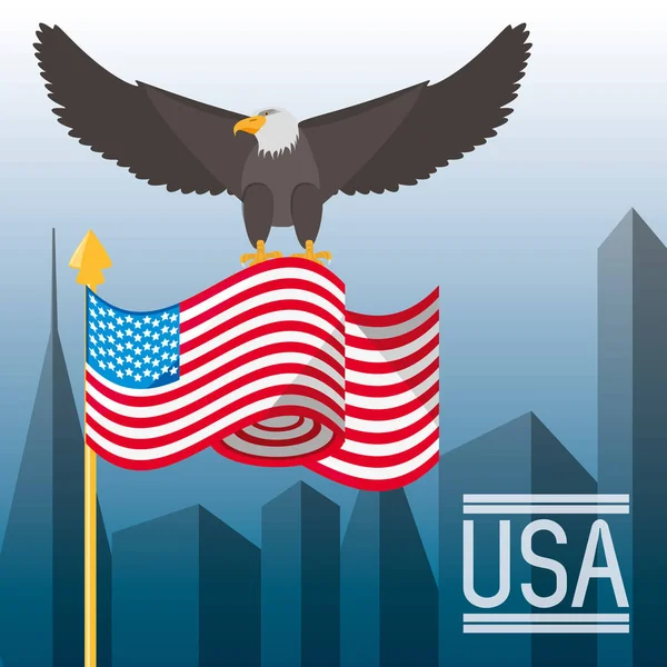 Bel aigle avec drapeau américain dans la ville — Image vectorielle