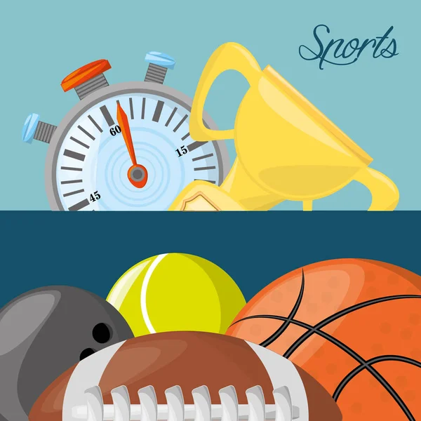 Chronomètre, trophée et différentes balles au jeu de sport — Image vectorielle