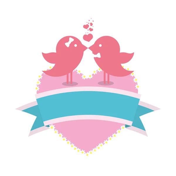 Oiseau couple marié carte avec coeur et ruban décoration — Image vectorielle