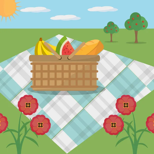 Picknickkorb Decke Wiese Blumen — Stockvektor