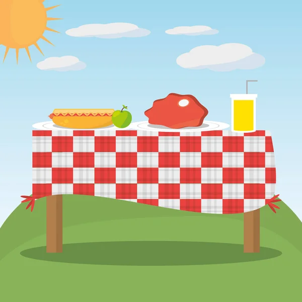 ピクニック テーブル赤の市松模様食品風景 — ストックベクタ