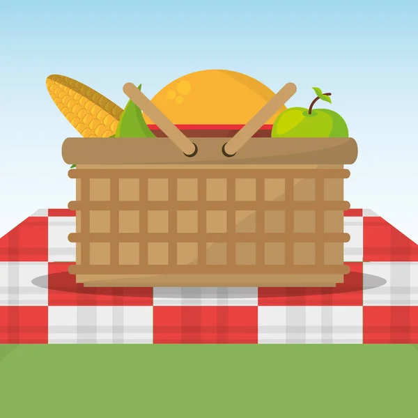 Picknickkorb voller Nahrung rote und weiße Decke — Stockvektor