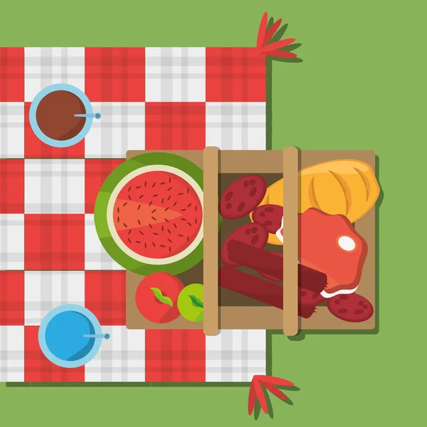 Picknickkorb Lebensmittel rot und weiß Decke von oben — Stockvektor