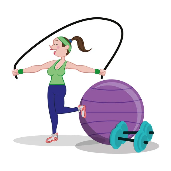 健身女子跳绳和 fitball 哑铃 — 图库矢量图片