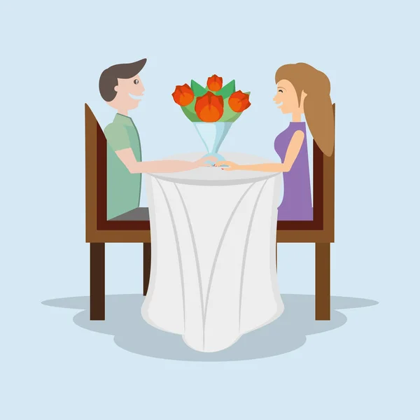 Ρομαντικό ζευγάρι συνεδρίαση τραπέζι με μπουκέτο λουλούδια — Διανυσματικό Αρχείο