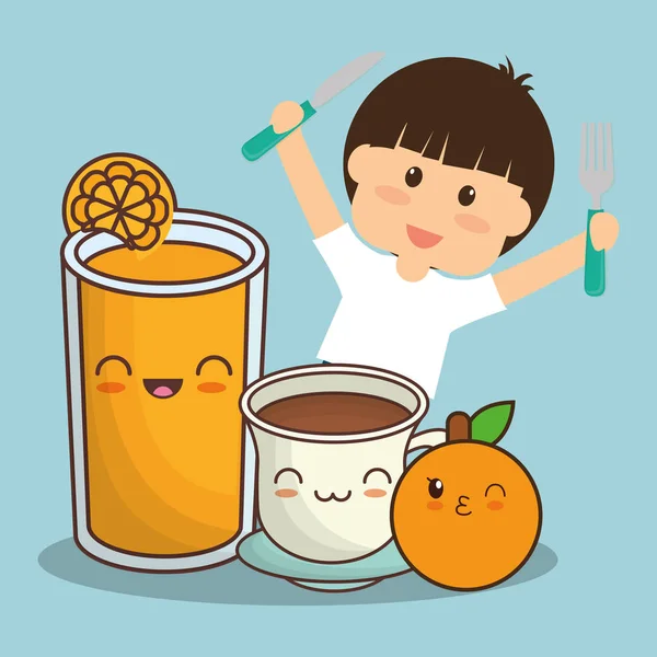 Niño con jugo de chocolate y fruta de naranja — Vector de stock