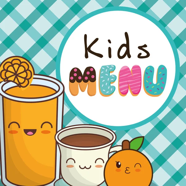Kids menu orange juice chocolate cup — Stock Vector