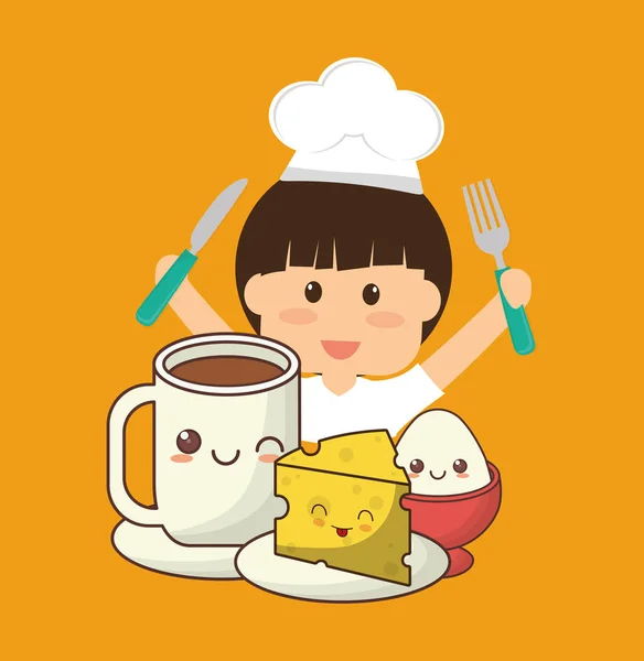 Chef niño tenedor cuchillo desayuno queso huevo — Vector de stock