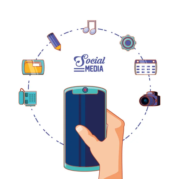 Mão com ícones de conjunto de mídia social e smartphone — Vetor de Stock