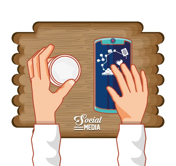 Handen met smartphone en social media iconen in houten achtergrond — Stockvector