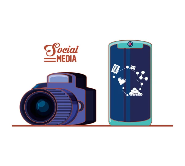 Fotografisk kamera med smartphone och sociala medier ange ikoner — Stock vektor