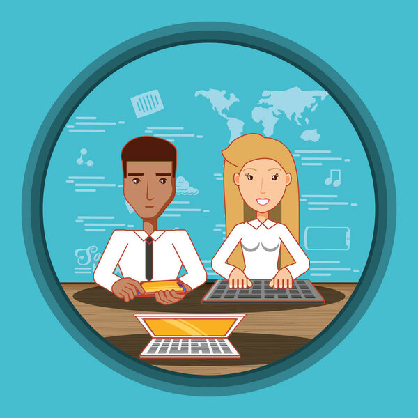 деловая пара с иконами социальных сетей
