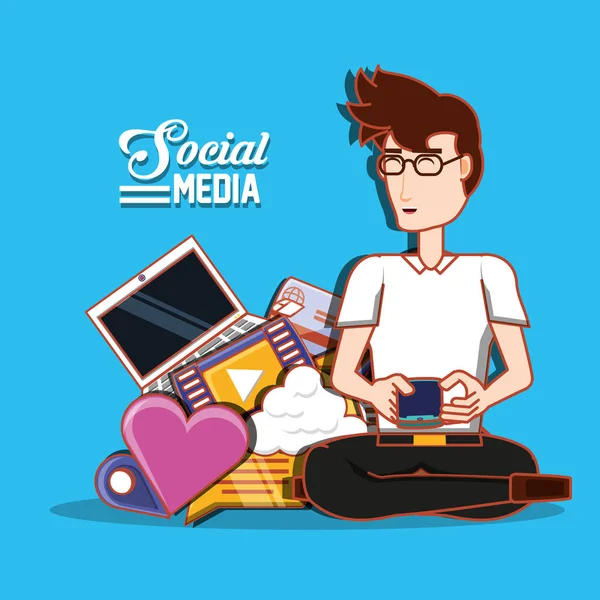 Jovem empresário com ícones de mídia social — Vetor de Stock