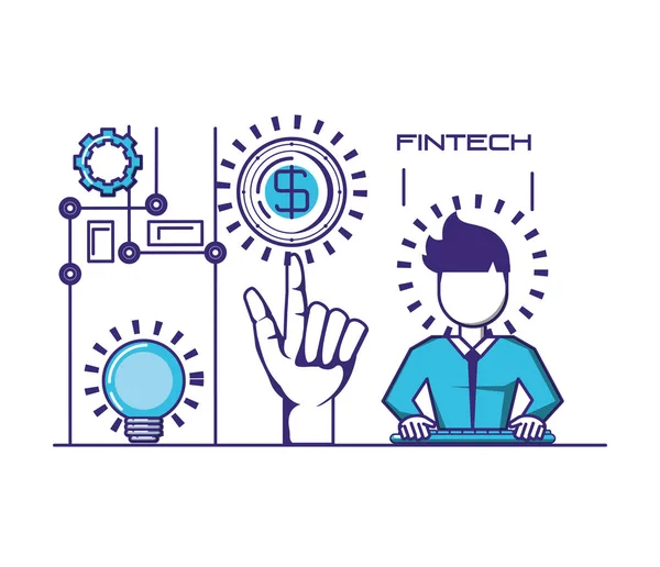 Geschäftsmann Avatar mit Ikonen der Finanztechnologie — Stockvektor
