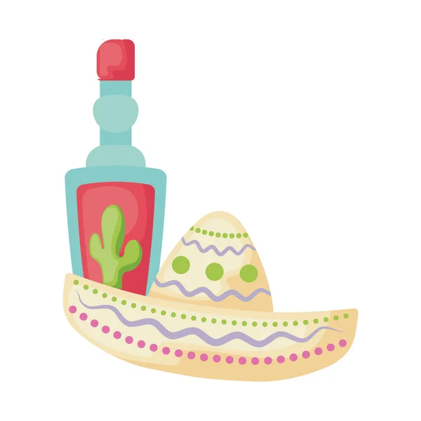 Kapelusz meksykański z butelka tequila izolowane ikona — Wektor stockowy