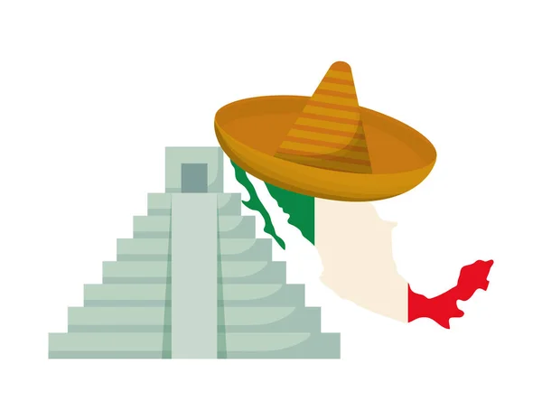 Pirámide con mapa y sombrero mexicano — Vector de stock