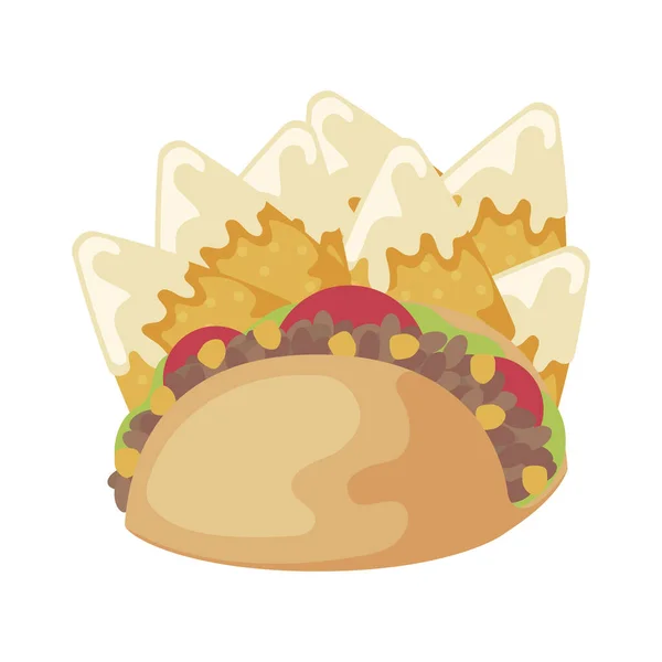 Delicious taco with nachos mexican isolated icon — Stock Vector