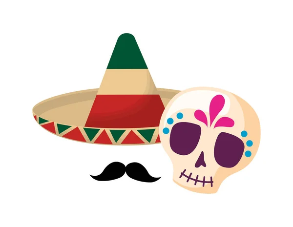 Crânio com chapéu e bigode ícone isolado mexicano — Vetor de Stock