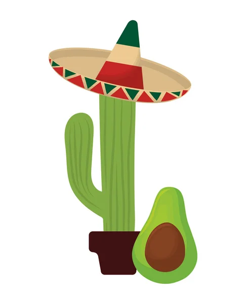 Kaktusy z kapeluszem meksykańskim i awokado — Wektor stockowy
