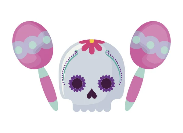 Crâne icône de la mort mexicaine traditionnelle avec des maracas — Image vectorielle