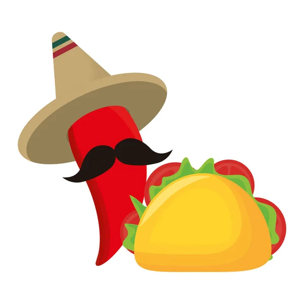 Taco e peperoncino con cappello messicano — Vettoriale Stock
