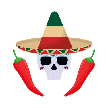 Kafatası ve şapka Meksika ve kırmızı biber.