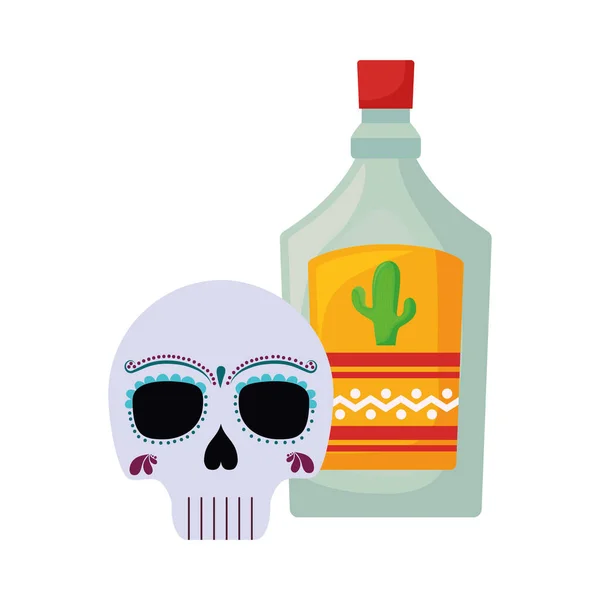 Crânio com ícones de garrafa tequila mexicana — Vetor de Stock