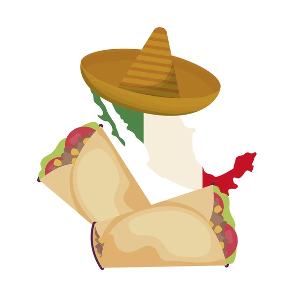 Mexico karta med hatt och burrito mat — Stock vektor