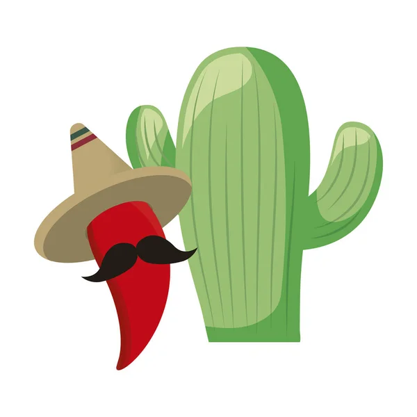Kaktusy i papryka chili z kapeluszem meksykańskim — Wektor stockowy