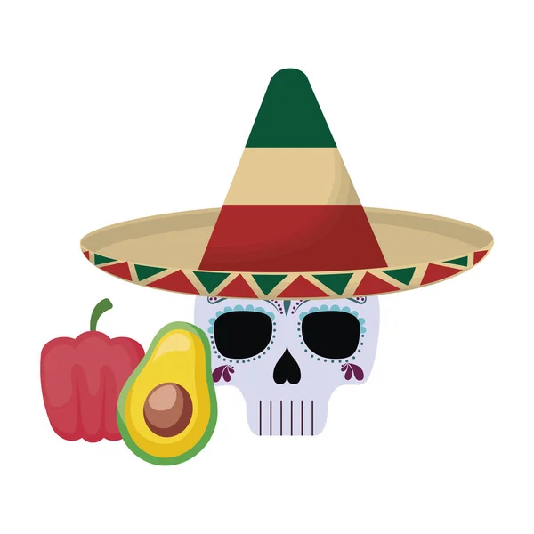 Calavera muerte con sombrero tradicional mexicano y comida — Archivo Imágenes Vectoriales