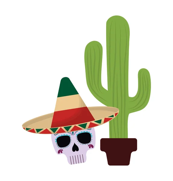 Cacto e crânio com chapéu ícone isolado mexicano — Vetor de Stock
