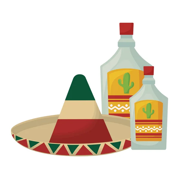 Kapelusz meksykański z butelkami tequila — Wektor stockowy