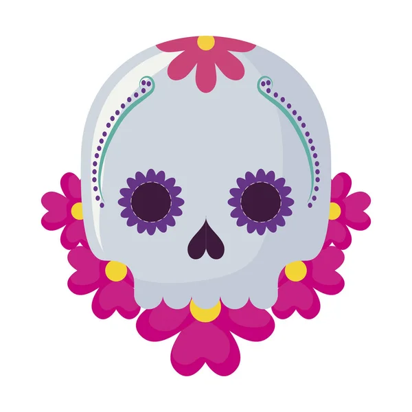 Icône de mort crâne mexicain traditionnel avec décoration de fleurs — Image vectorielle