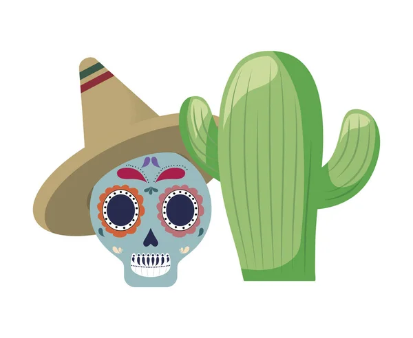 Icono de la muerte del cráneo tradicional mexicano con cactus — Vector de stock