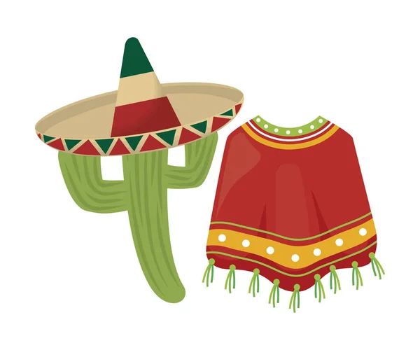 Chapeau mexicain avec cactus et poncho — Image vectorielle