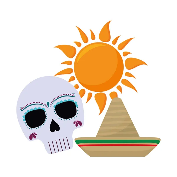 Calavera con sombrero mexicano y sol — Vector de stock