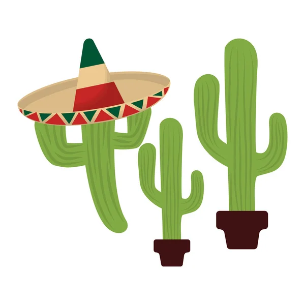 Cactus set met hoed mexicaans geïsoleerd icoon — Stockvector