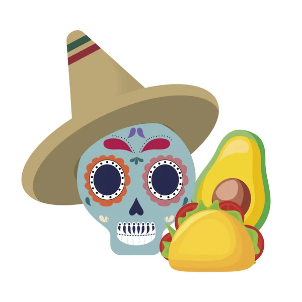 Koponya halál kalap hagyományos mexikói és élelmiszer — Stock Vector