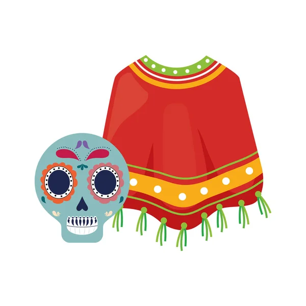 Crânio com poncho mexicano ícone isolado — Vetor de Stock
