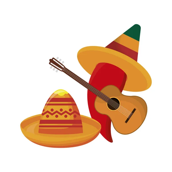 Chili pepper with hats mexican and guitar — Stock Vector