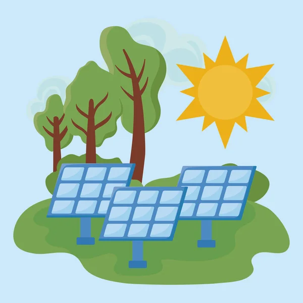 Paneles solares en la naturaleza del paisaje — Vector de stock