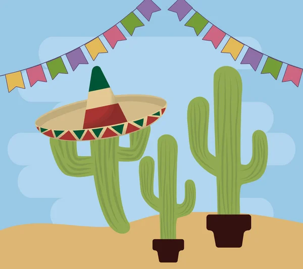 Viva celebración mexicana con cactus y guirnaldas colgando — Vector de stock