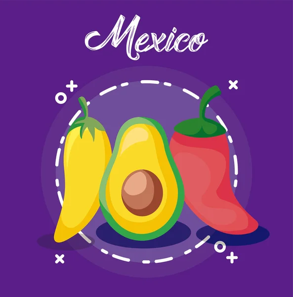 Viva mexico celebration with avocado and chili peppers — Stock Vector